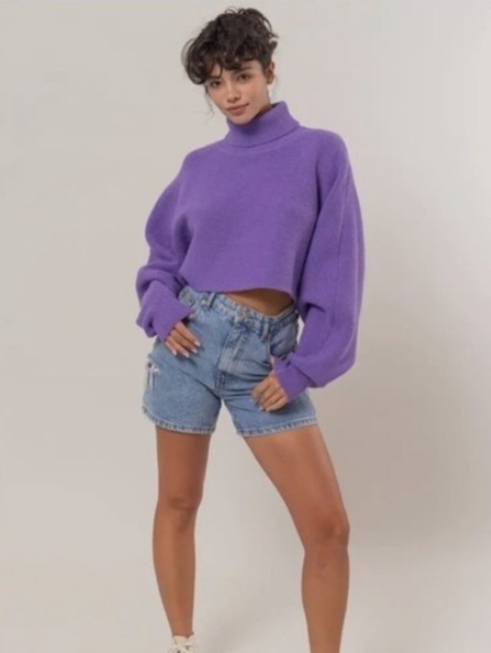 Double Zero Purple Turtleneck Cropped Chunky Ribbed Knit Sweater Women's Size L
